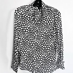 J. Crew 98% Silk Black and Ivory Heart Print Blouse